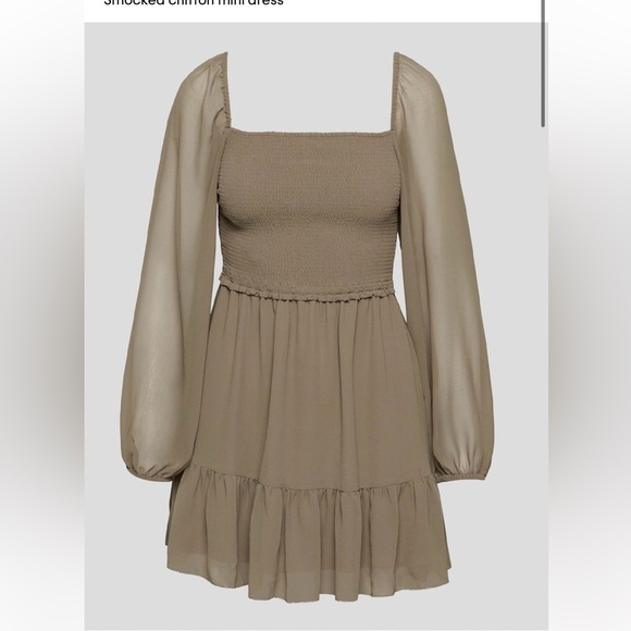 Aritzia Wilfred Tempest Mini Dress Smocked Chiffon Brown Tan Size Small - Picture 2 of 12